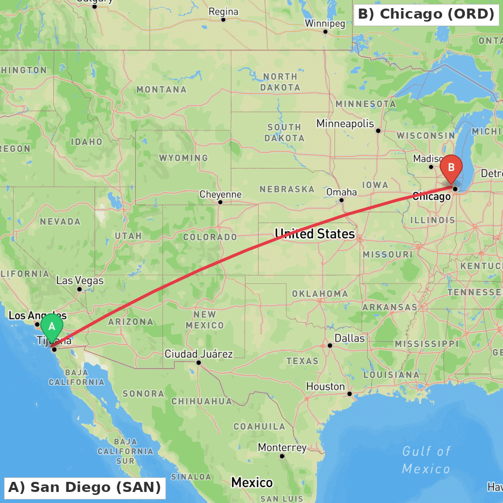 Flight route map from San Diego to Chicago
