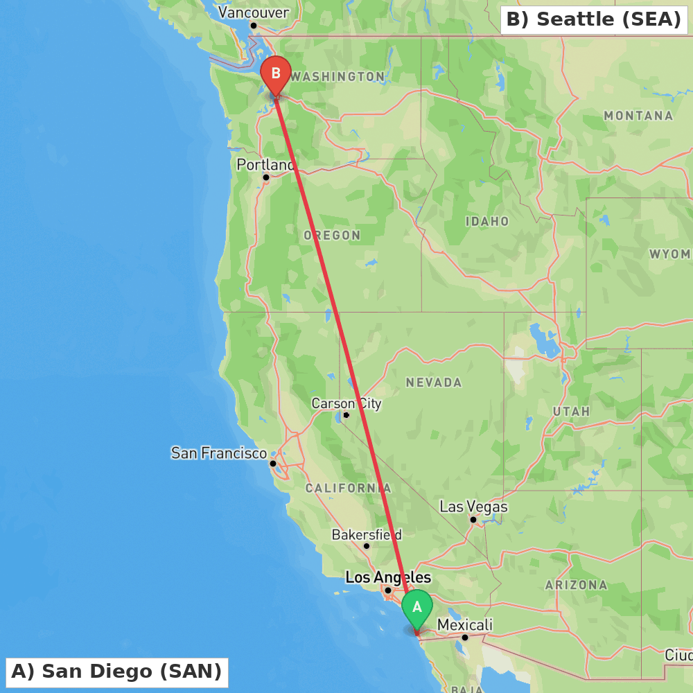 Flight route map from San Diego to Seattle