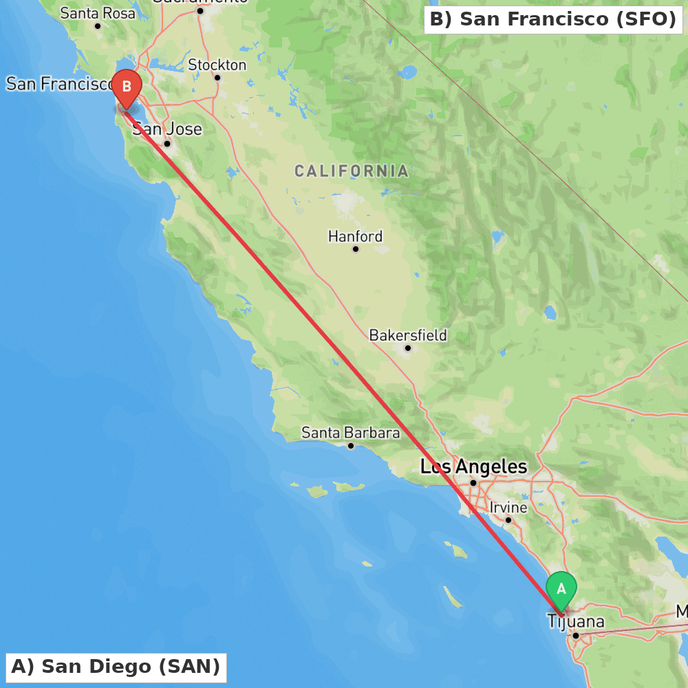 Flight route map from San Diego to San Francisco