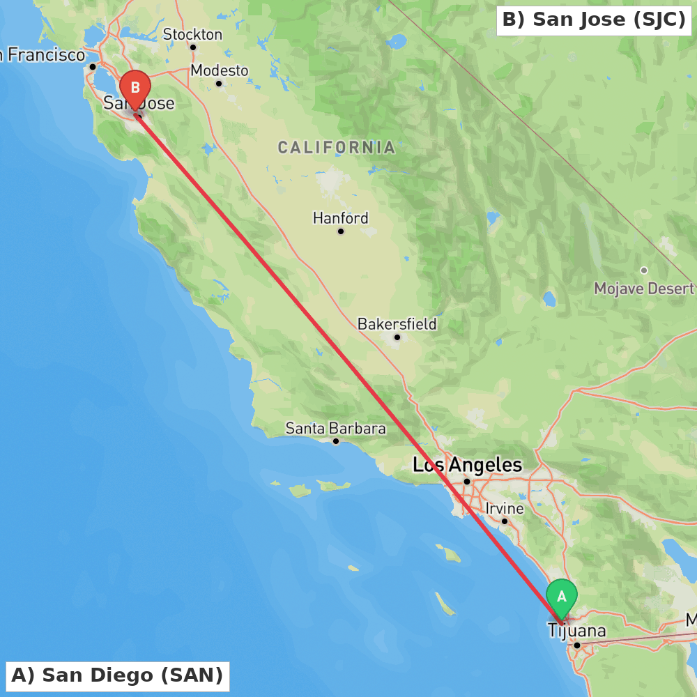 Flight route map from San Diego to San Jose