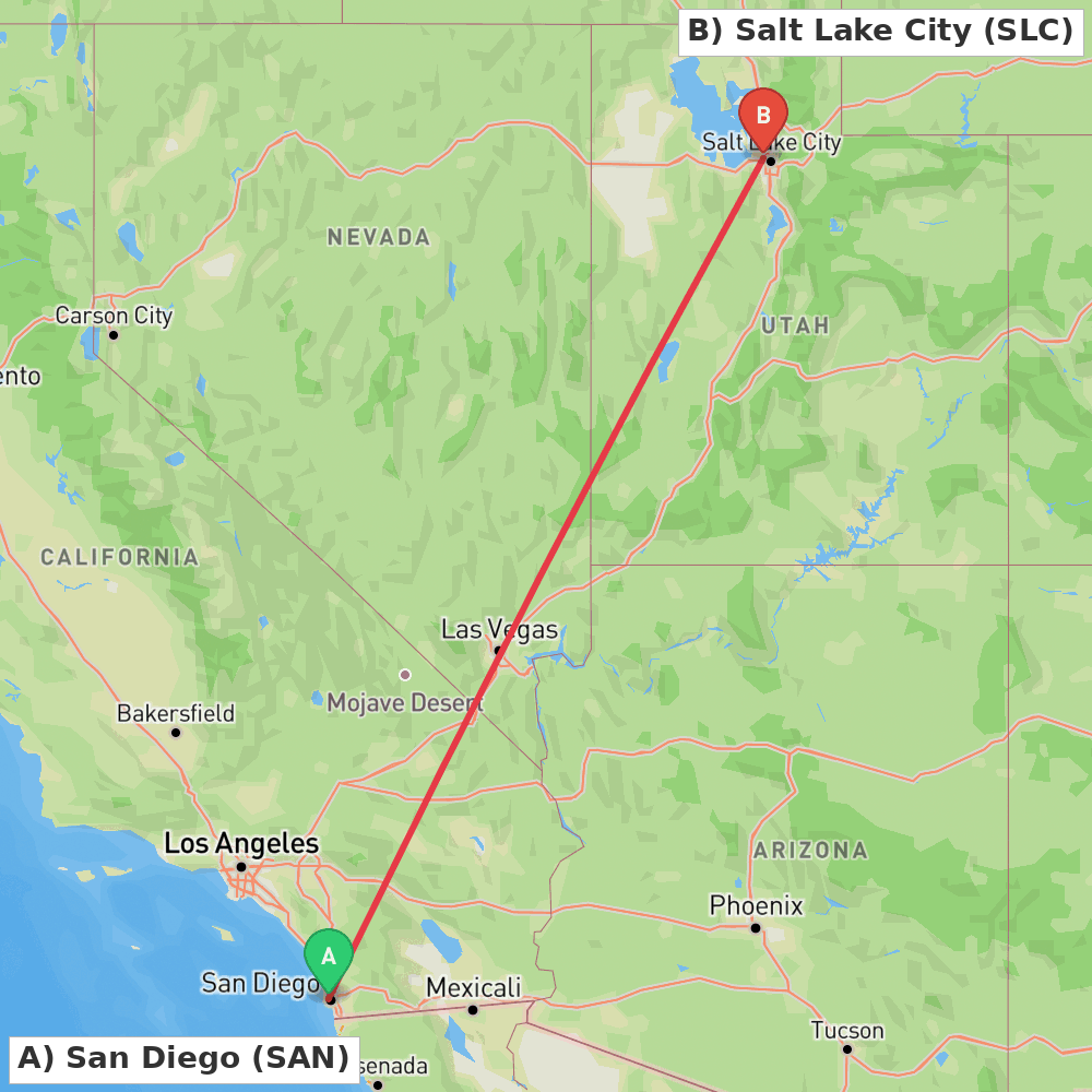 Flight route map from San Diego to Salt Lake City