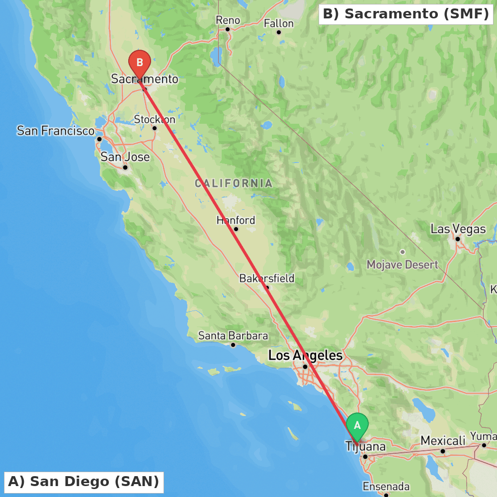 Flight route map from San Diego to Sacramento