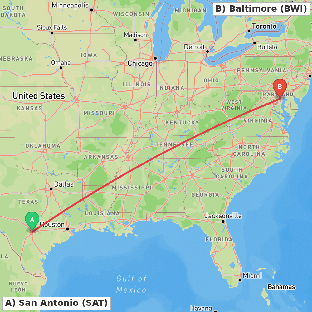 Flight route map from San Antonio to Baltimore