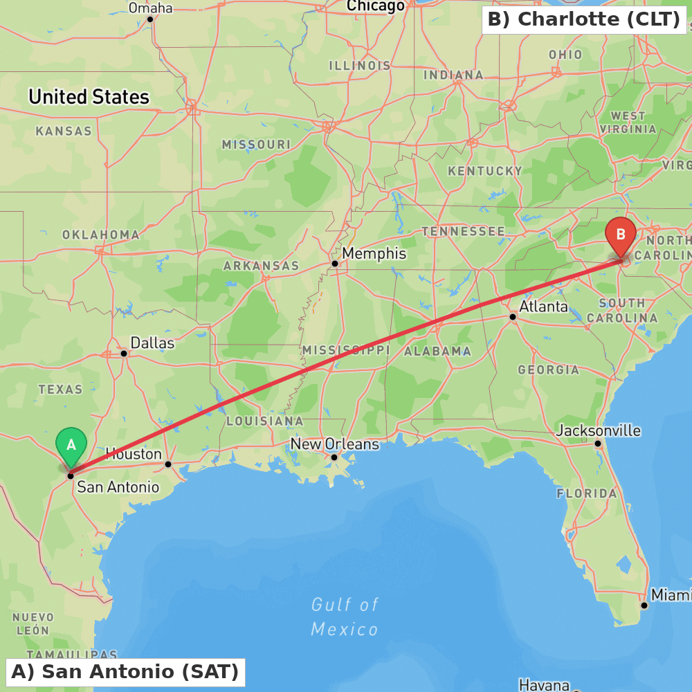Flight route map from San Antonio to Charlotte