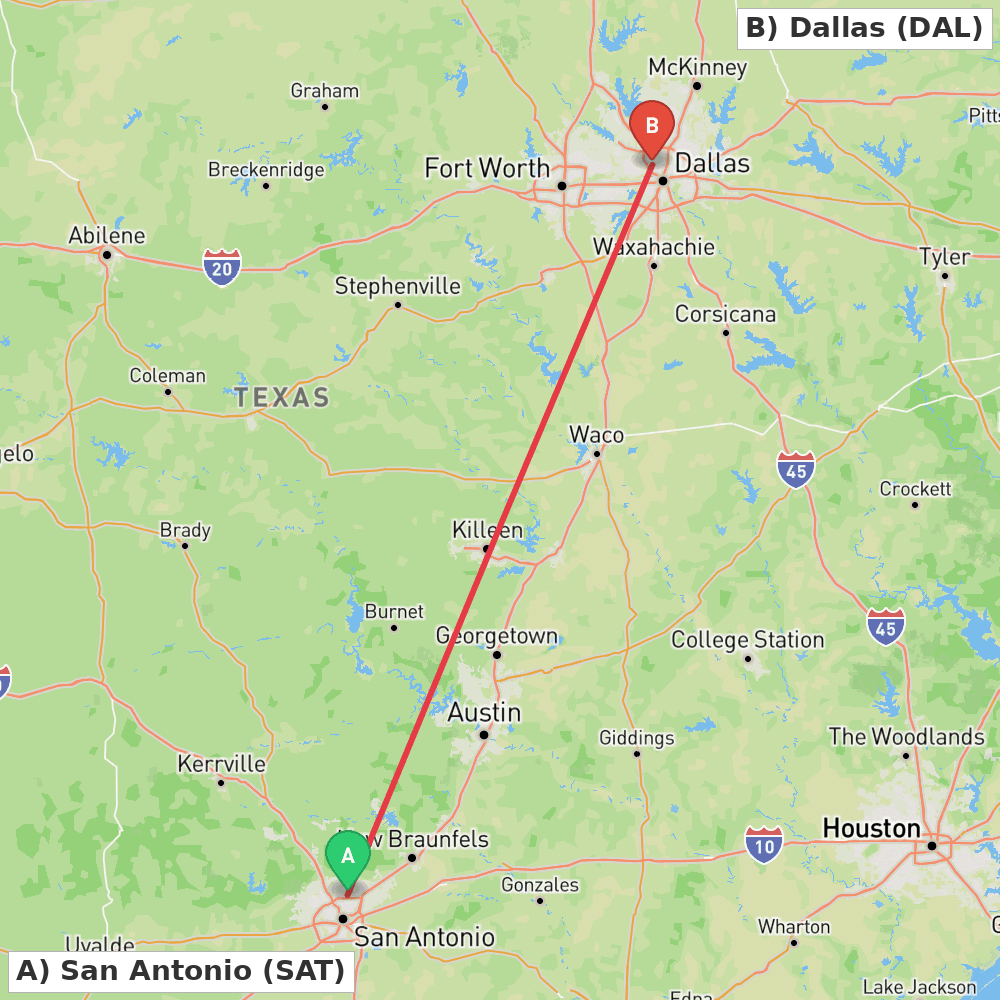 Flight route map from San Antonio to Dallas