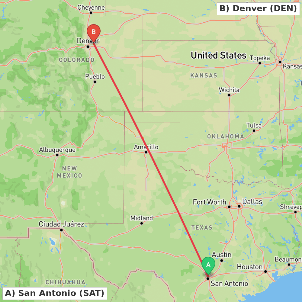 Flight route map from San Antonio to Denver