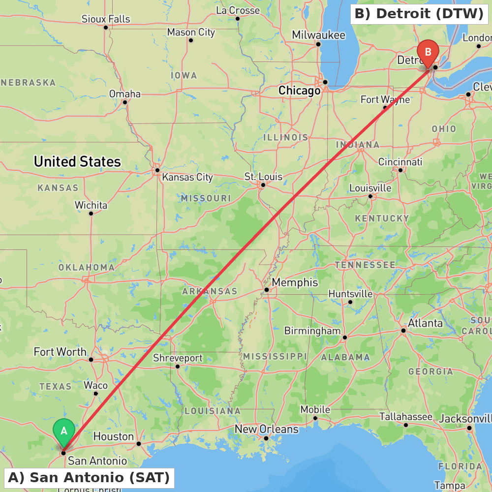 Flight route map from San Antonio to Detroit