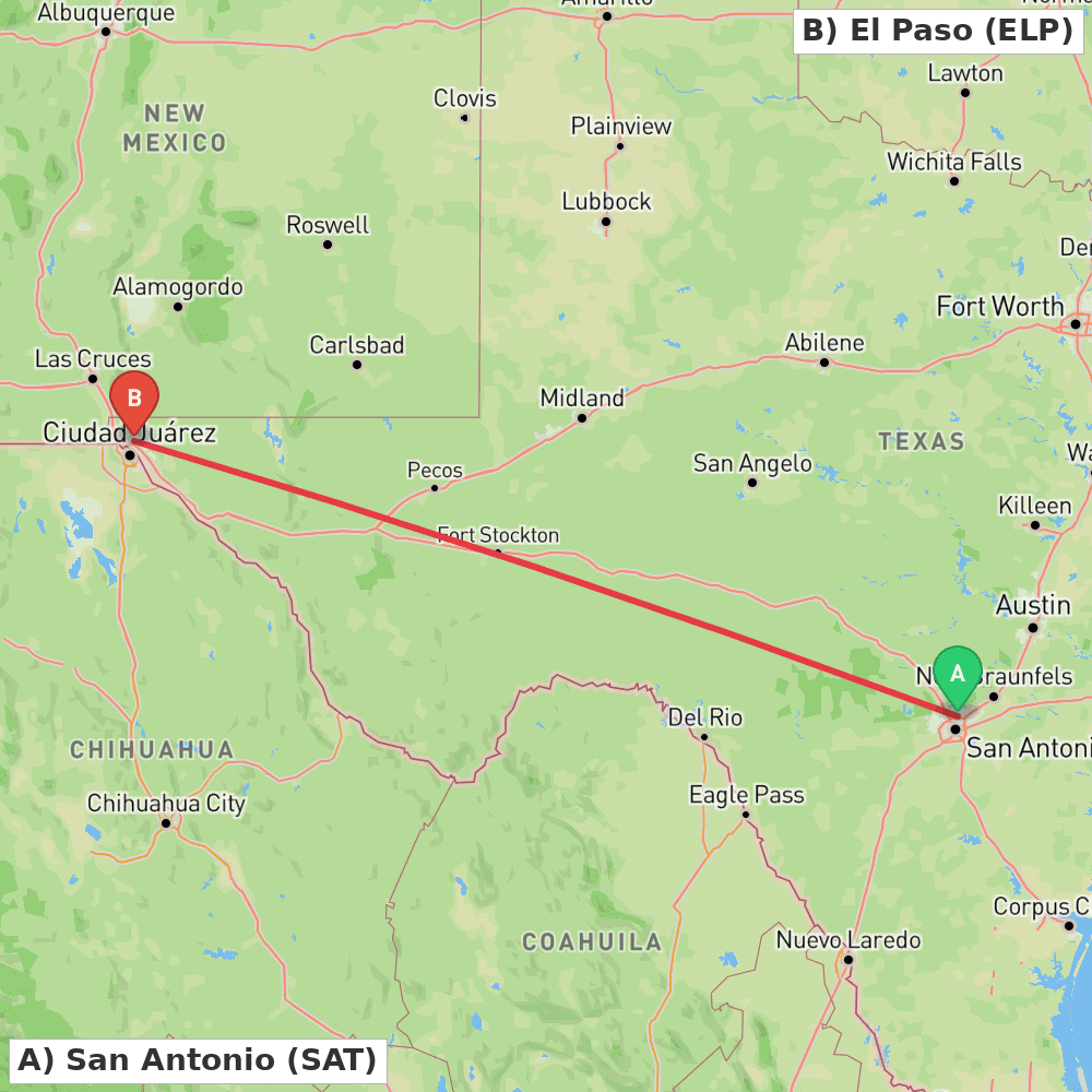 Flight route map from San Antonio to El Paso