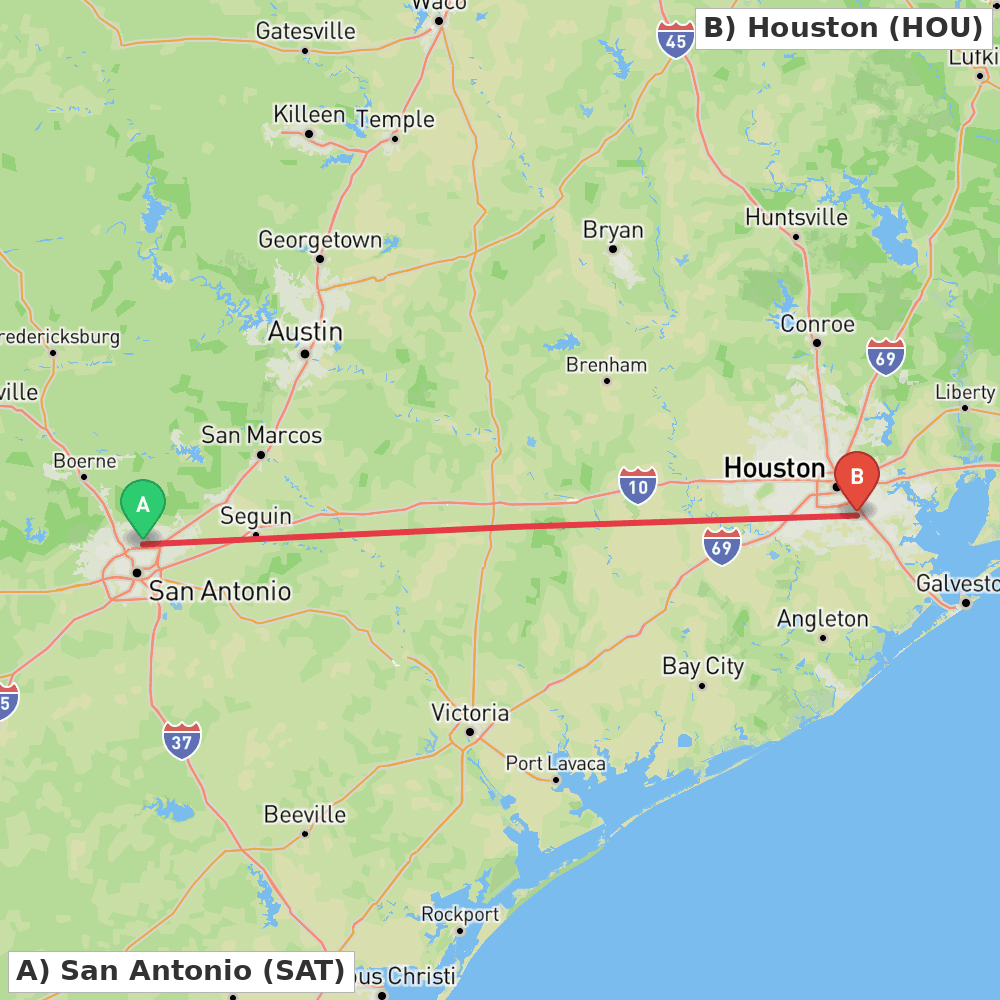 Flight route map from San Antonio to Houston
