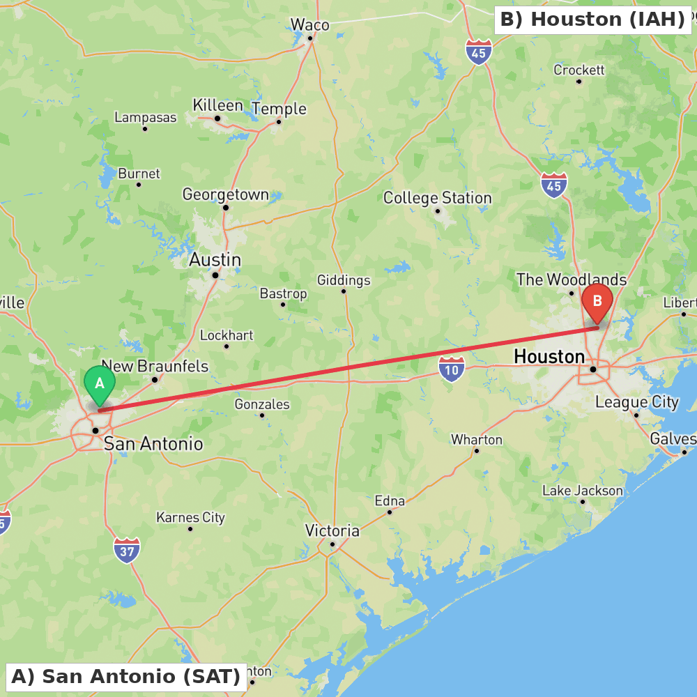 Flight route map from San Antonio to Houston