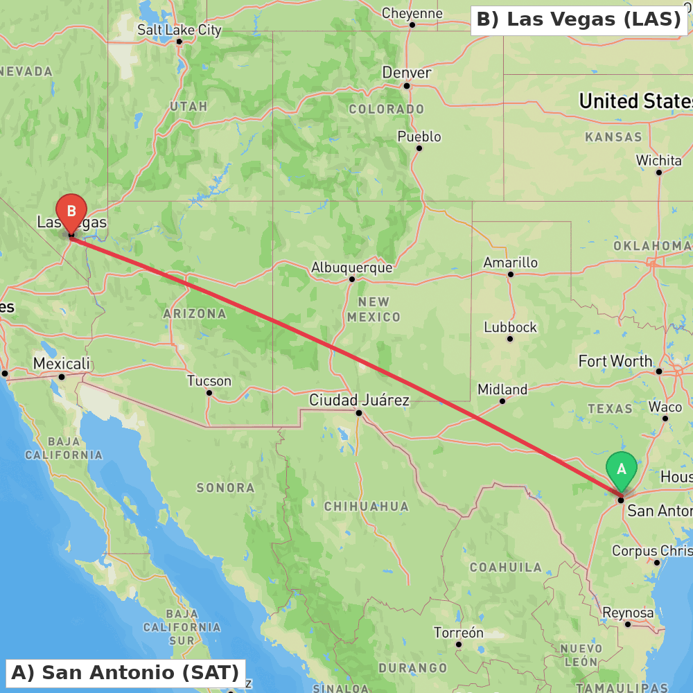 Flight route map from San Antonio to Las Vegas