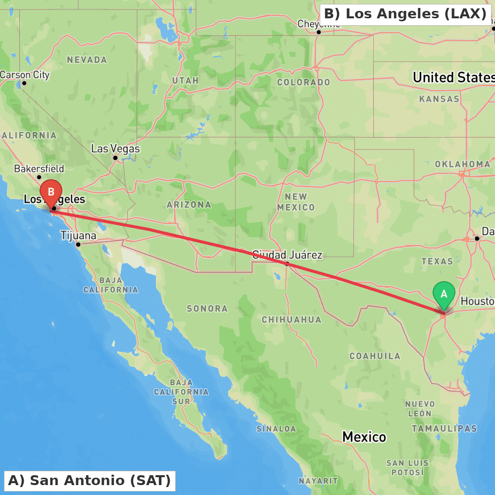 Flight route map from San Antonio to Los Angeles