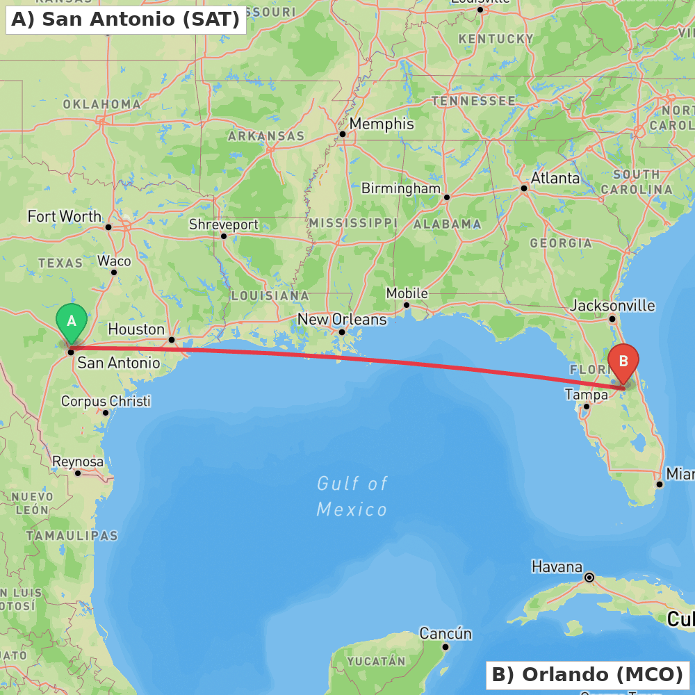 Flight route map from San Antonio to Orlando