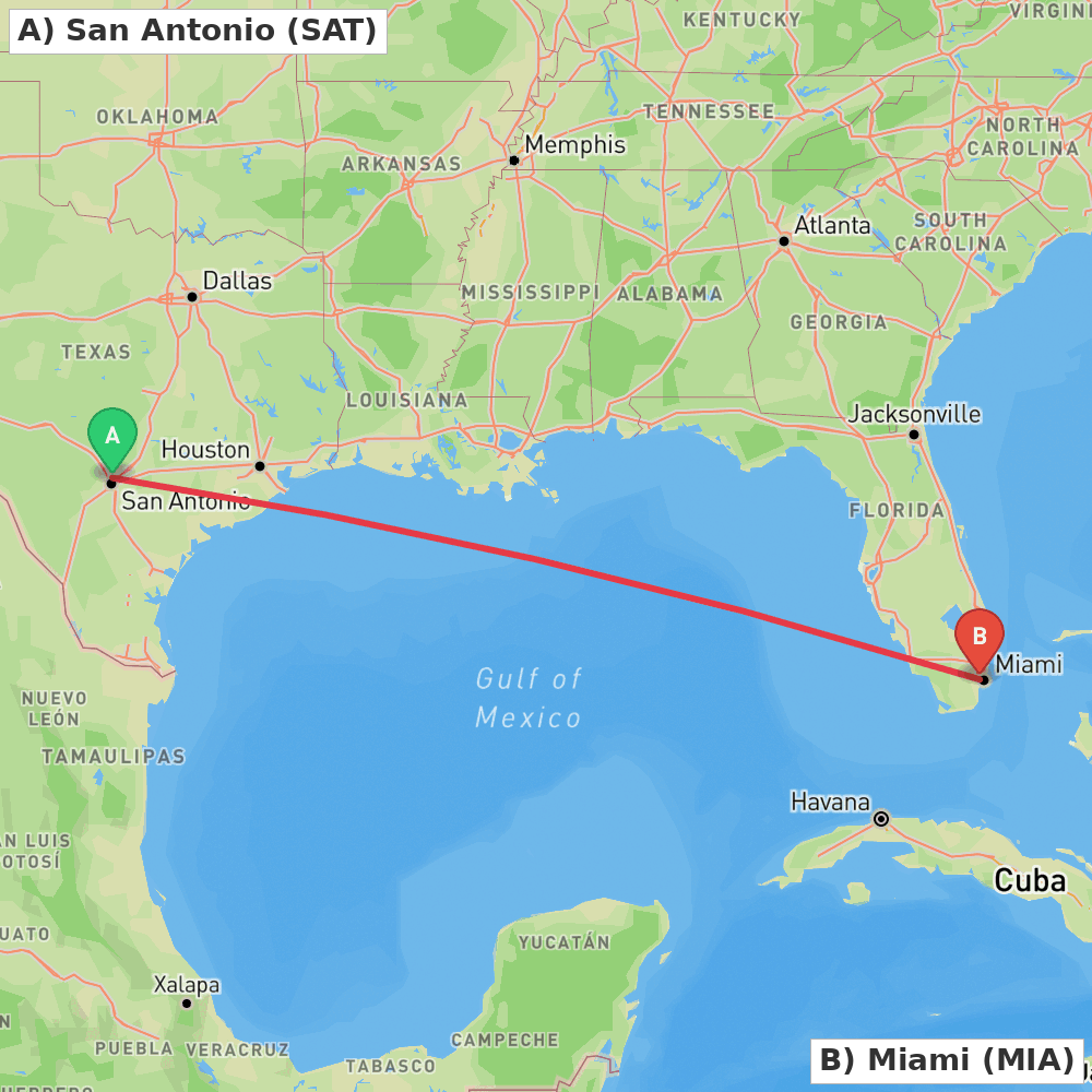 Flight route map from San Antonio to Miami