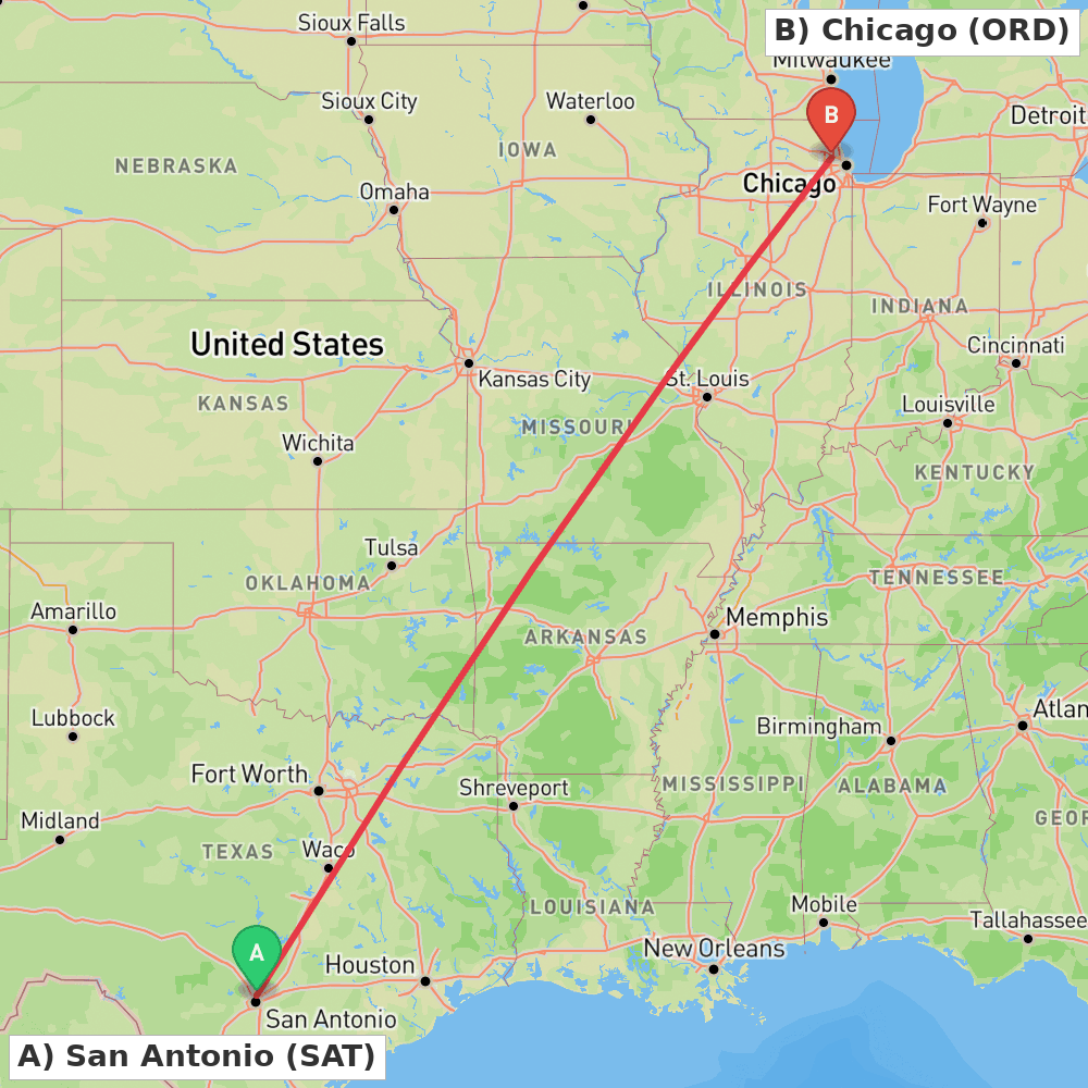 Flight route map from San Antonio to Chicago