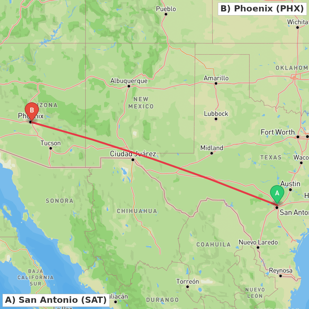Flight route map from San Antonio to Phoenix