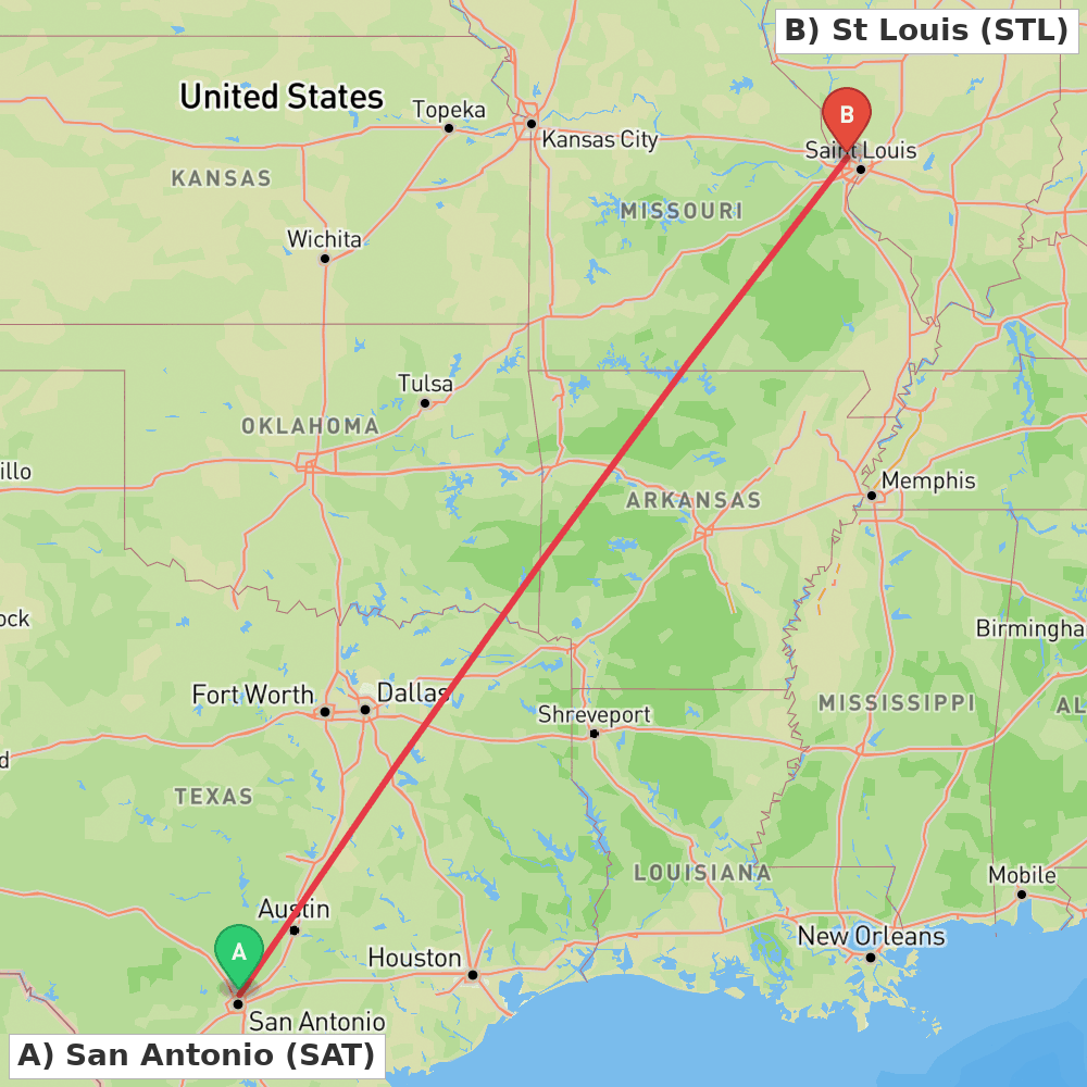 Flight route map from San Antonio to St Louis