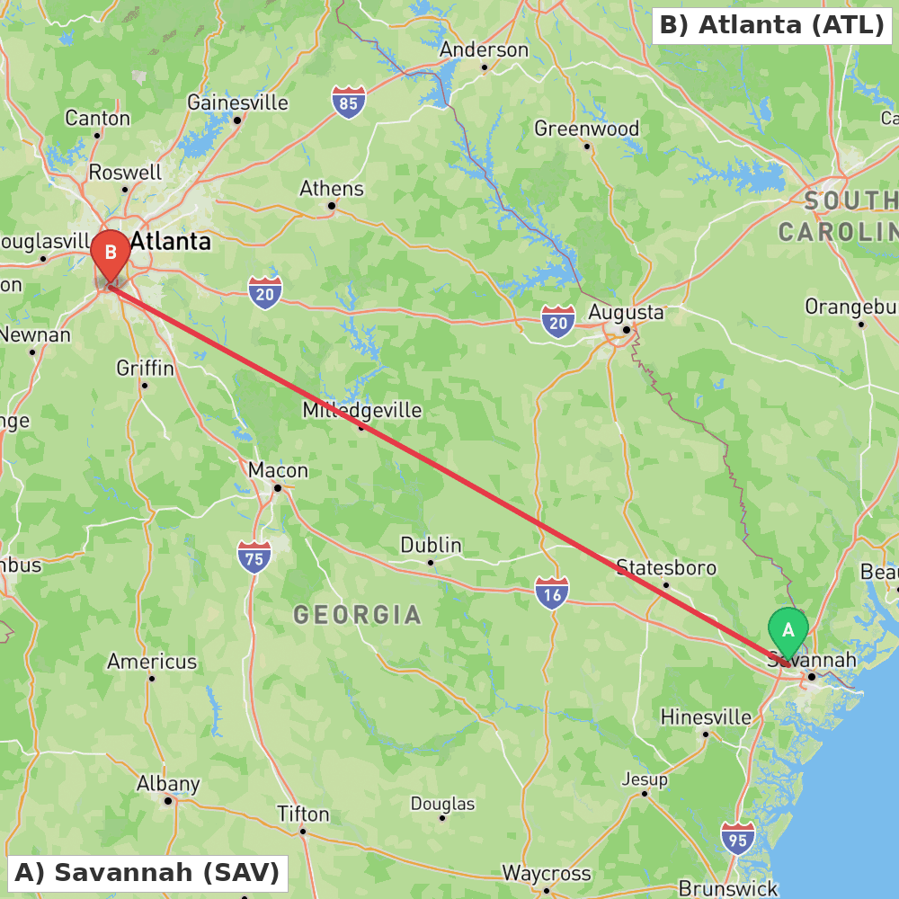 Flight route map from Savannah to Atlanta