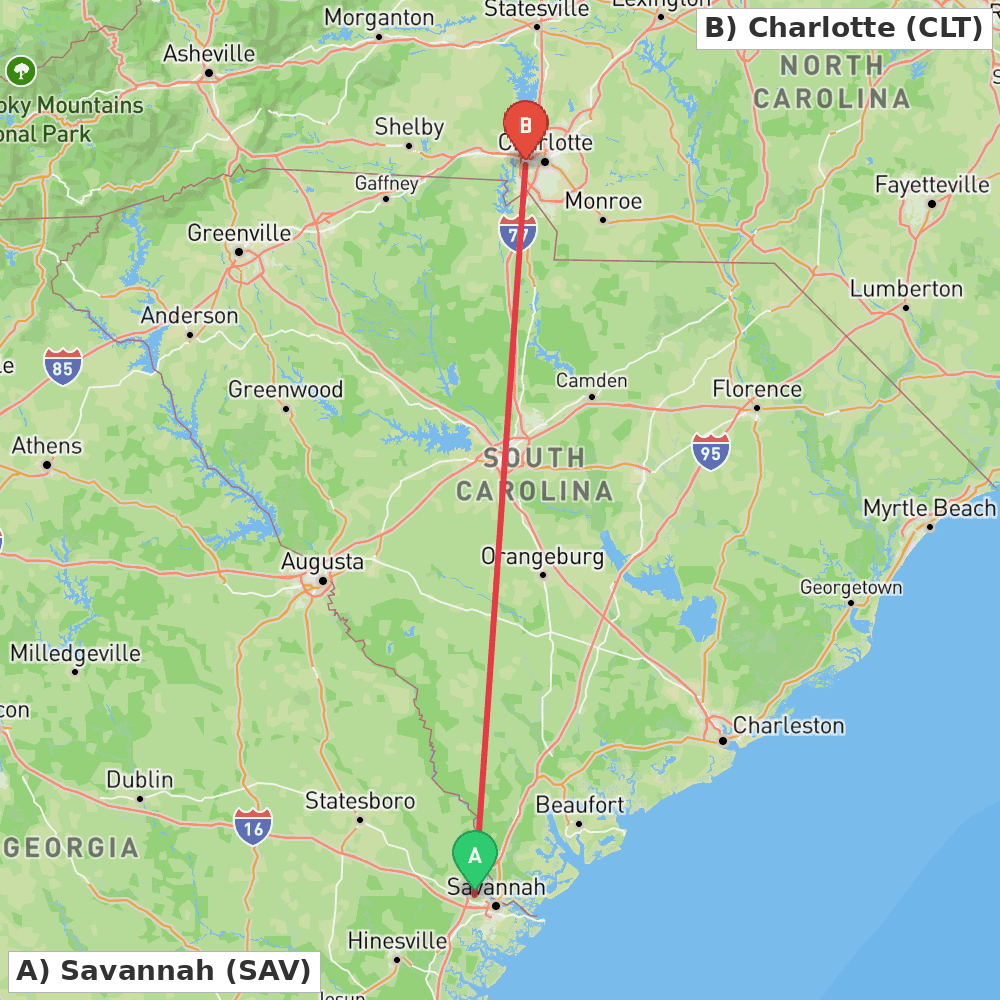 Flight route map from Savannah to Charlotte