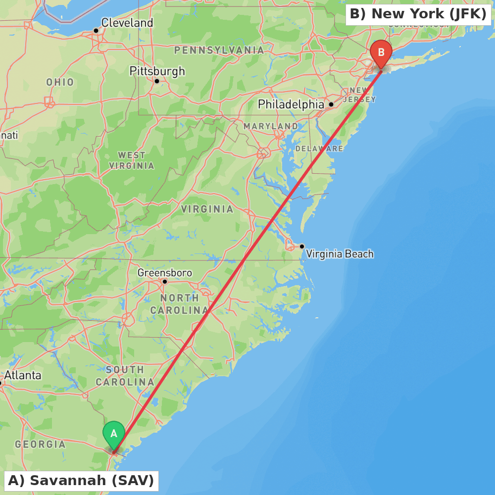 Flight route map from Savannah to New York