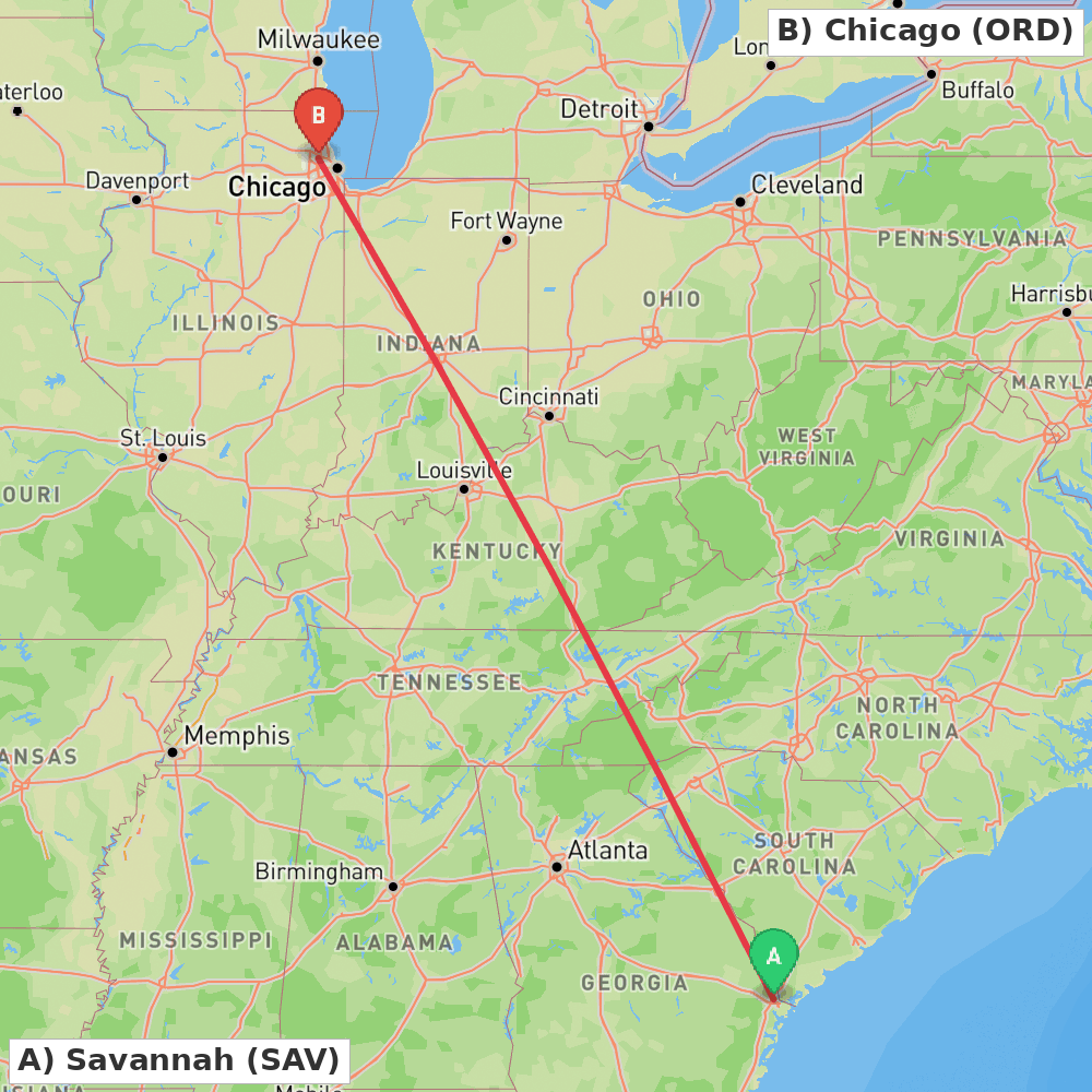 Flight route map from Savannah to Chicago