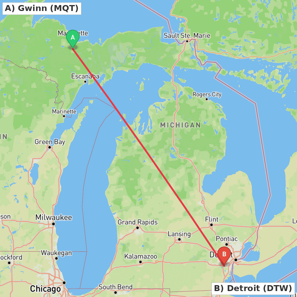 Flight route map from Gwinn to Detroit