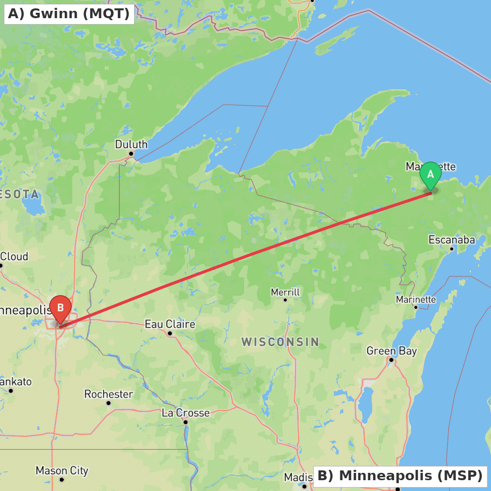 Flight route map from Gwinn to Minneapolis