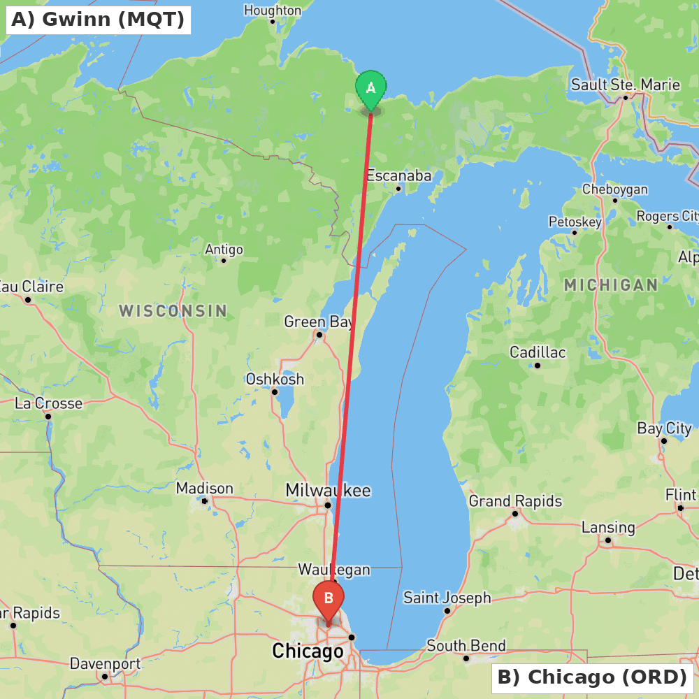 Flight route map from Gwinn to Chicago