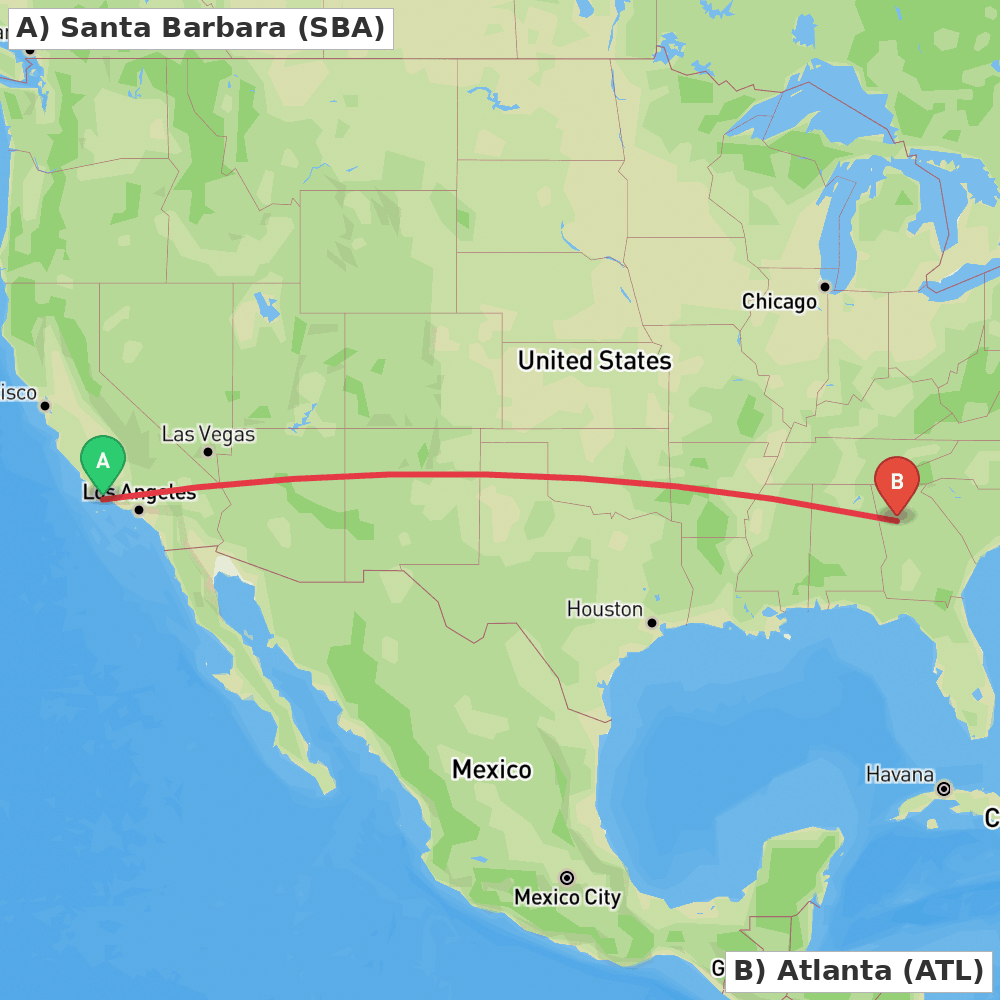 Flight route map from Santa Barbara to Atlanta