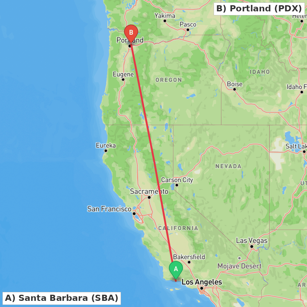 Flight route map from Santa Barbara to Portland
