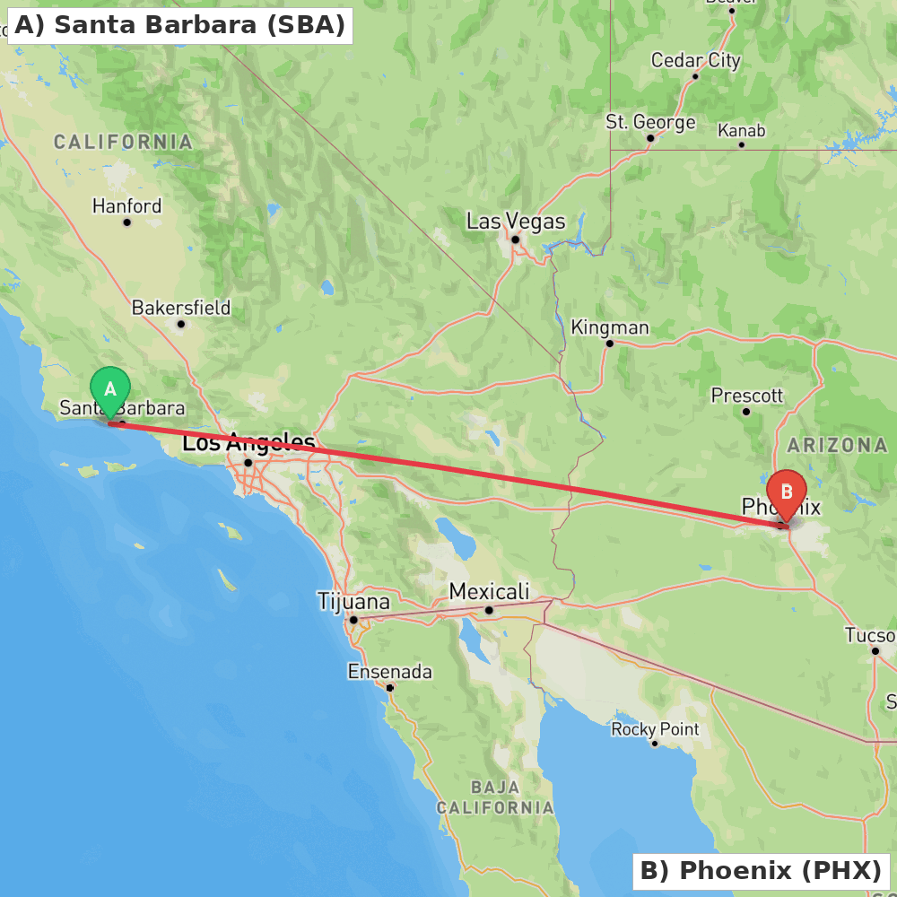 Flight route map from Santa Barbara to Phoenix