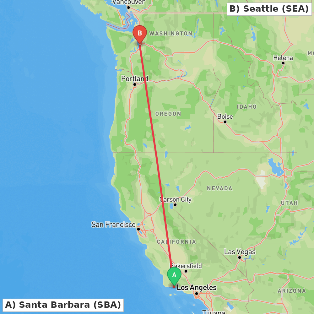 Flight route map from Santa Barbara to Seattle