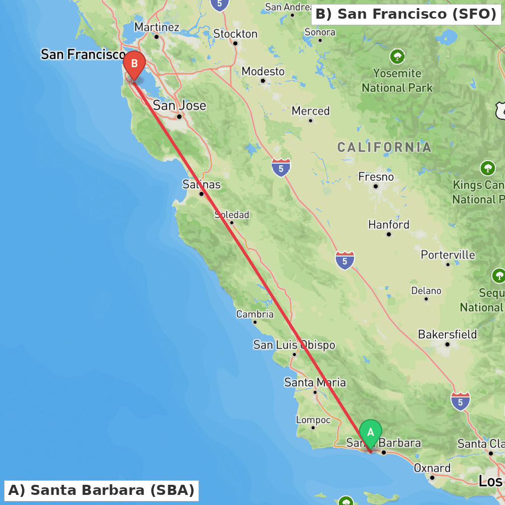 Flight route map from Santa Barbara to San Francisco