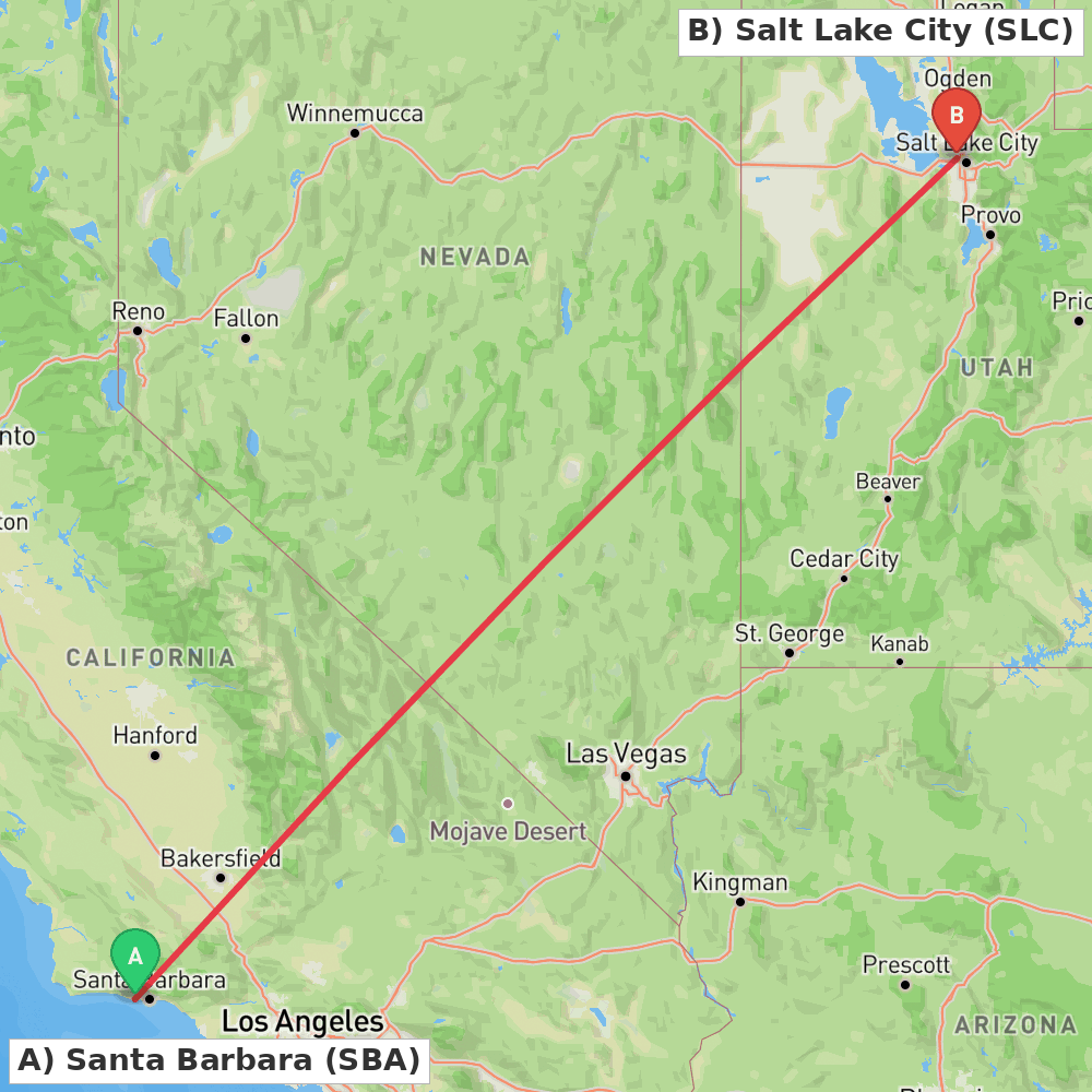 Flight route map from Santa Barbara to Salt Lake City