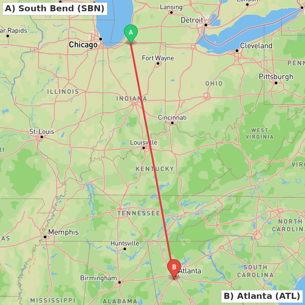 Flight route map from South Bend to Atlanta
