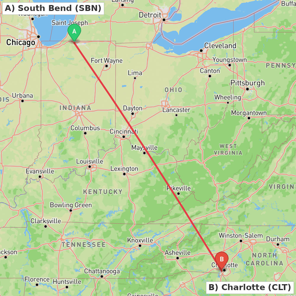 Flight route map from South Bend to Charlotte
