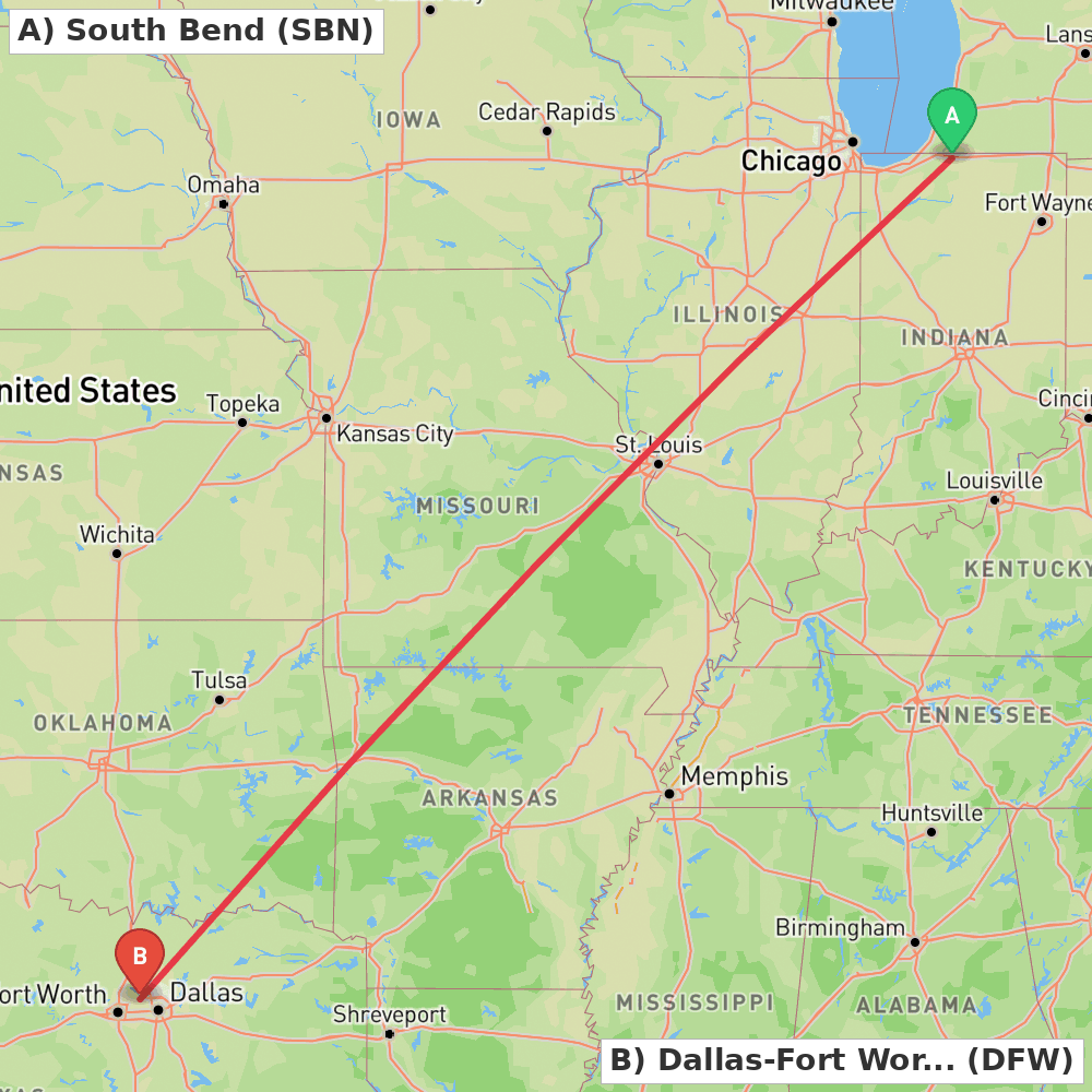 Flight route map from South Bend to Dallas-Fort Worth
