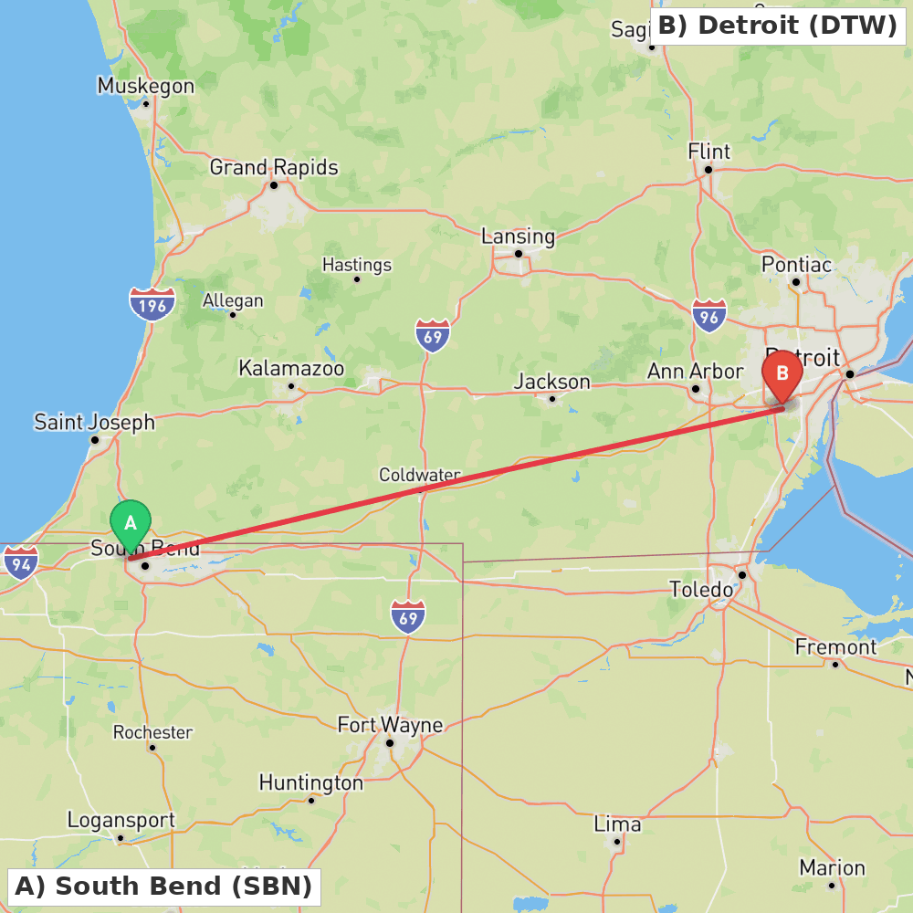 Flight route map from South Bend to Detroit