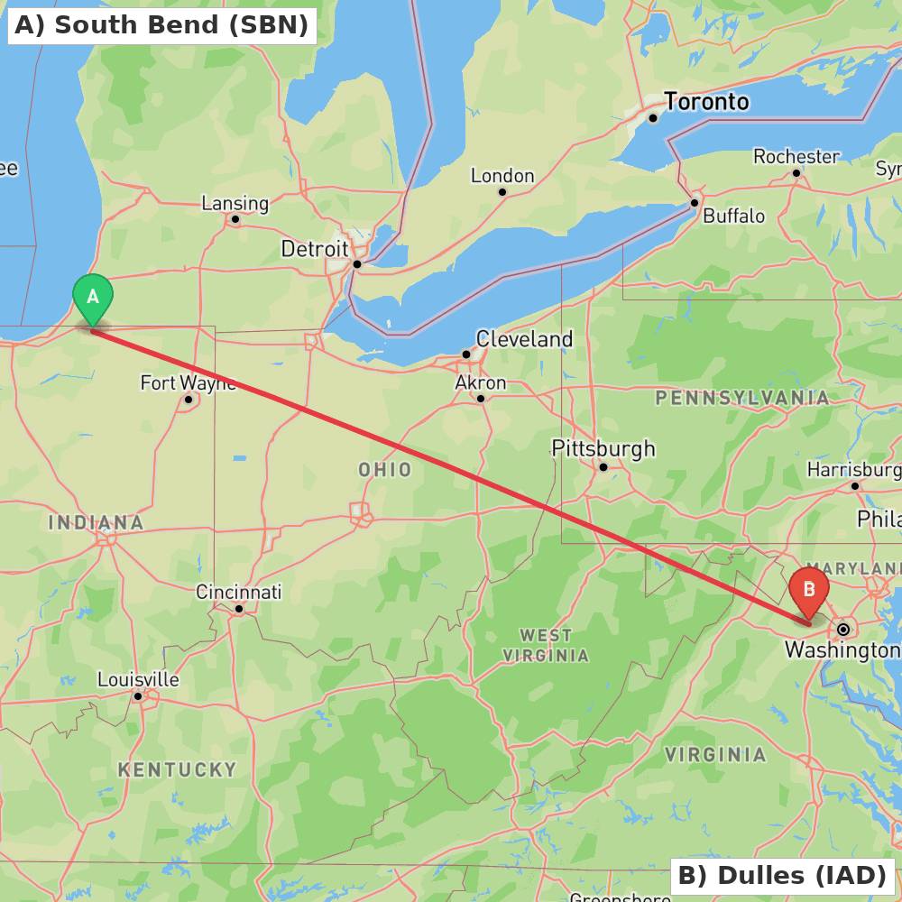 Flight route map from South Bend to Dulles
