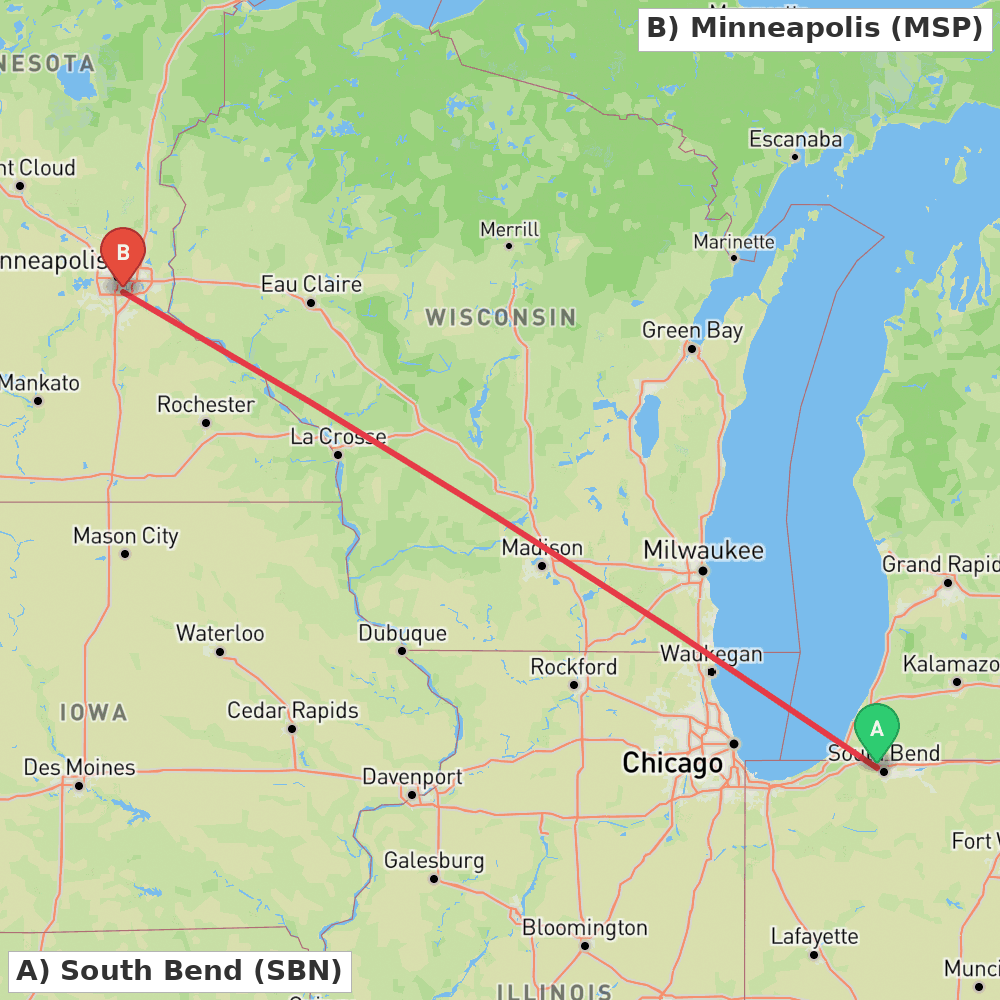 Flight route map from South Bend to Minneapolis