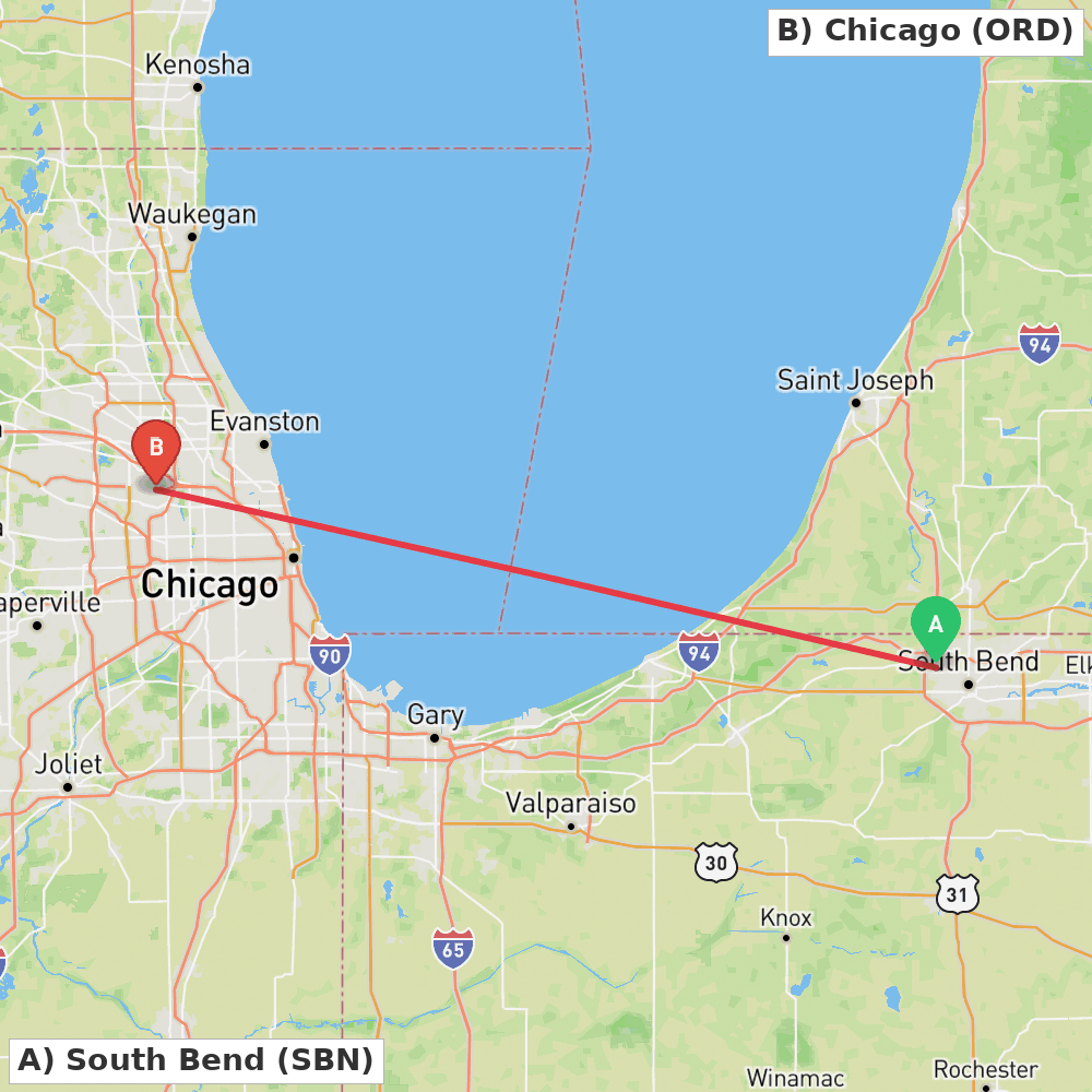 Flight route map from South Bend to Chicago