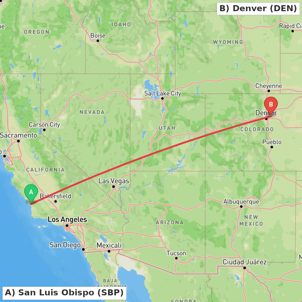 Flight route map from San Luis Obispo to Denver