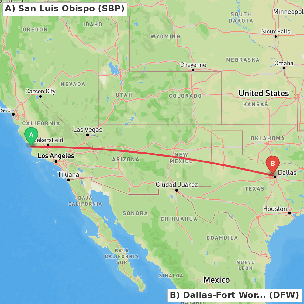 Flight route map from San Luis Obispo to Dallas-Fort Worth