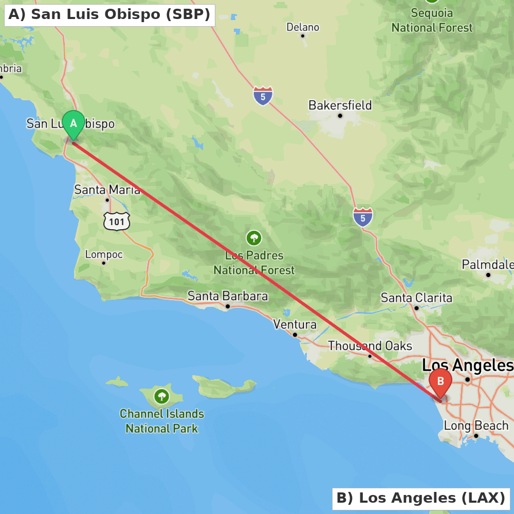 Flight route map from San Luis Obispo to Los Angeles