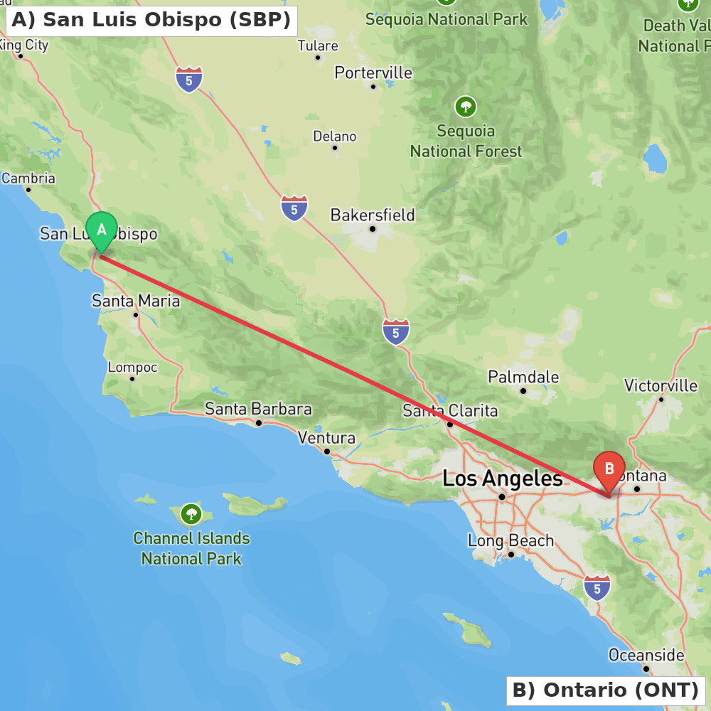 Flight route map from San Luis Obispo to Ontario