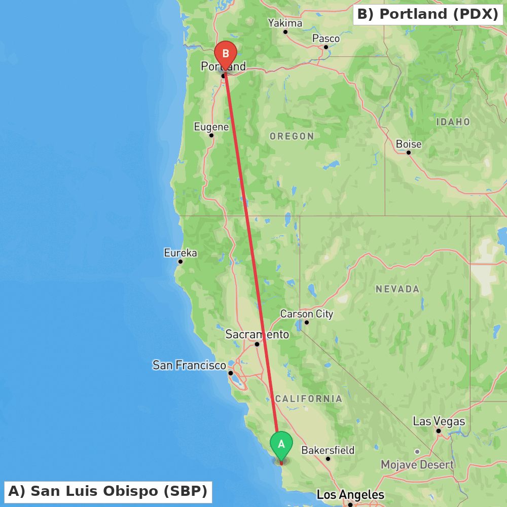 Flight route map from San Luis Obispo to Portland