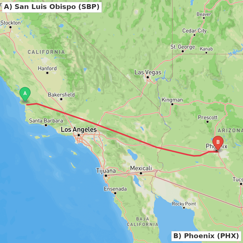 Flight route map from San Luis Obispo to Phoenix