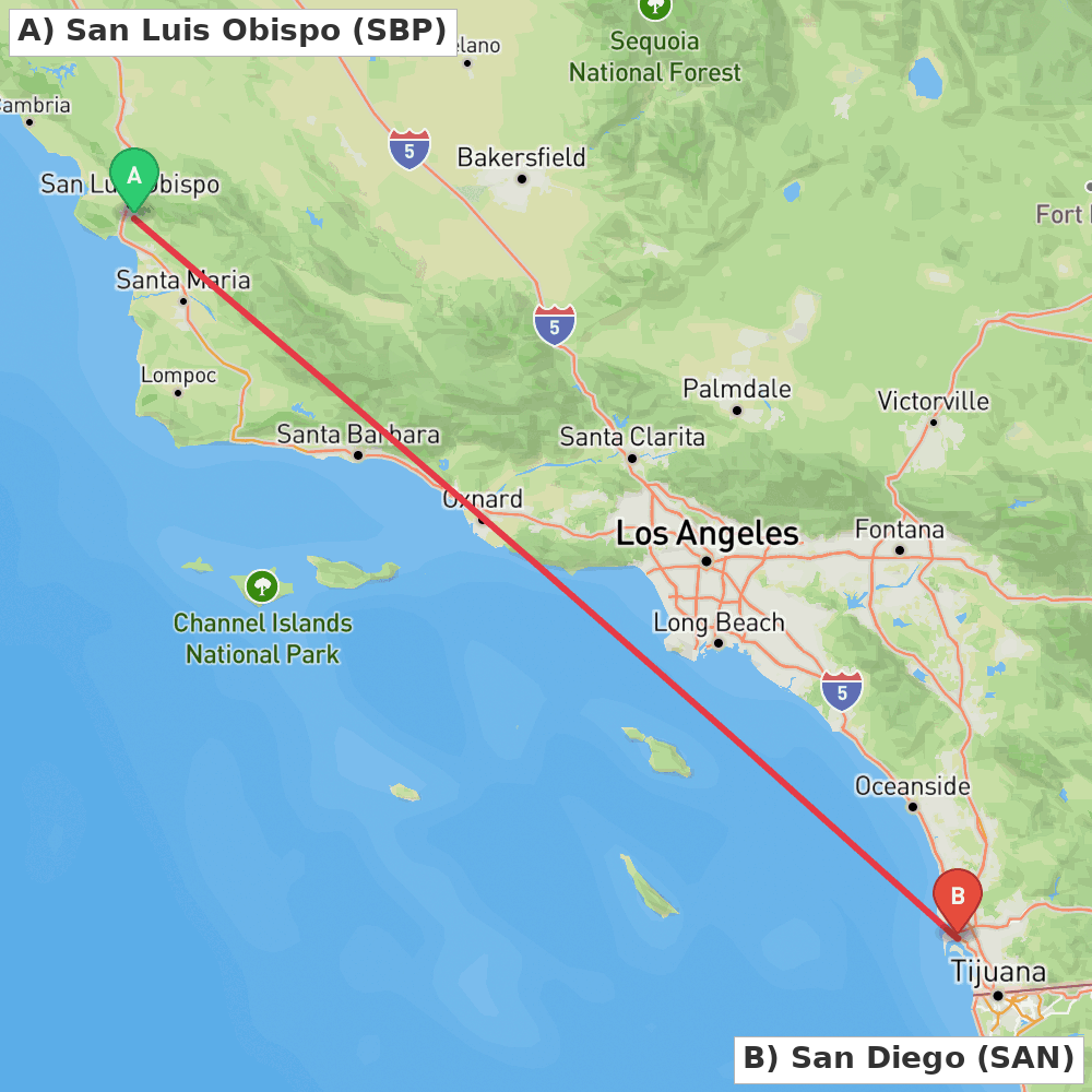 Flight route map from San Luis Obispo to San Diego