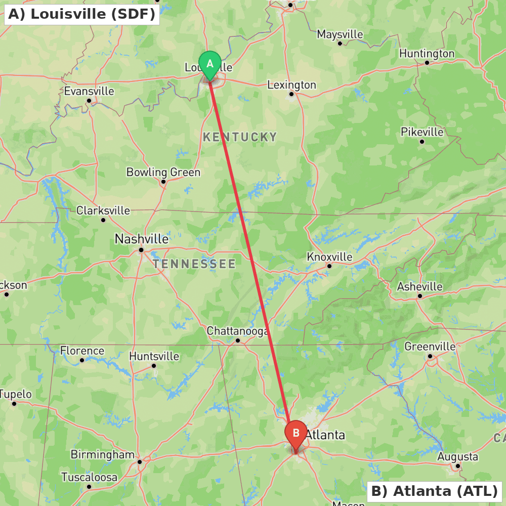 Flight route map from Louisville to Atlanta