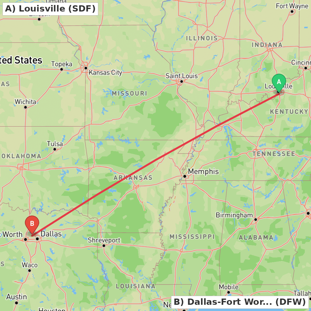 Flight route map from Louisville to Dallas-Fort Worth